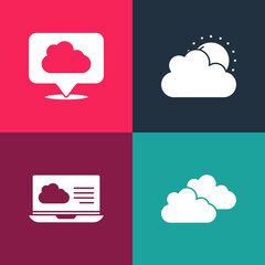 Set pop art Cloud, Weather forecast, Sun and cloud weather and Location icon. Vector