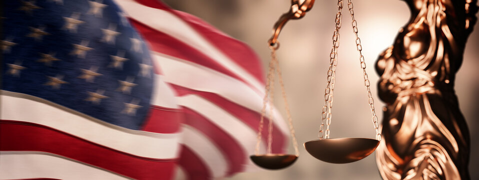 Law and order concept. Statue of Lady Justice with scales of justice with US flag background. Lawyer or judge concept.
