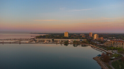 Golden hour sunset with blue orange sky on the horizon