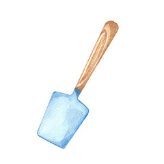 Watercolor illustration, silicone dough spatula with wooden handle, kitchen utensils, insulated element on white background. Illustration for kitchens, cafes, menus, restaurants