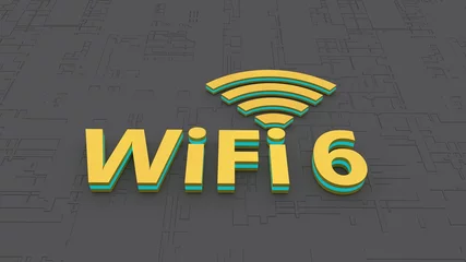 Fotobehang Golden WiFi 6 symbol with green light flashing on abstract background. 3D rendering. © 168 Studio