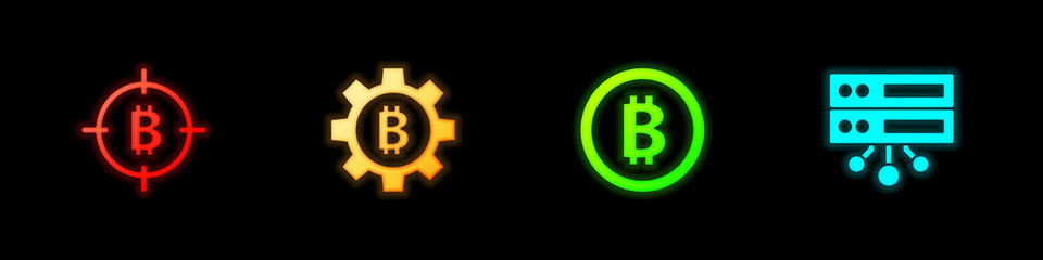 Set Bitcoin in the target, Cryptocurrency, and Server icon. Vector