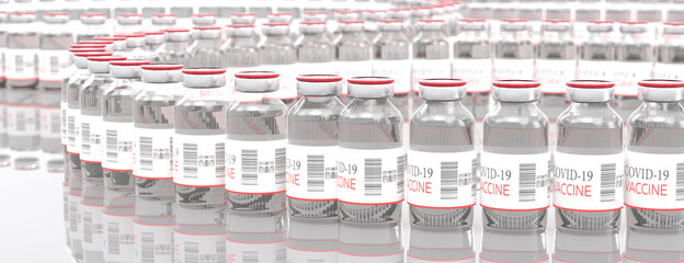 Vaccine. Many disposable vials on the table of Covid-19 coronavirus vaccine. Medicine infectious concept. 3d rendering