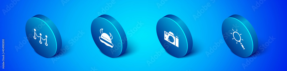 Canvas Prints set isometric rope barrier, photo camera, magnifying glass and viking horned helmet icon. vector