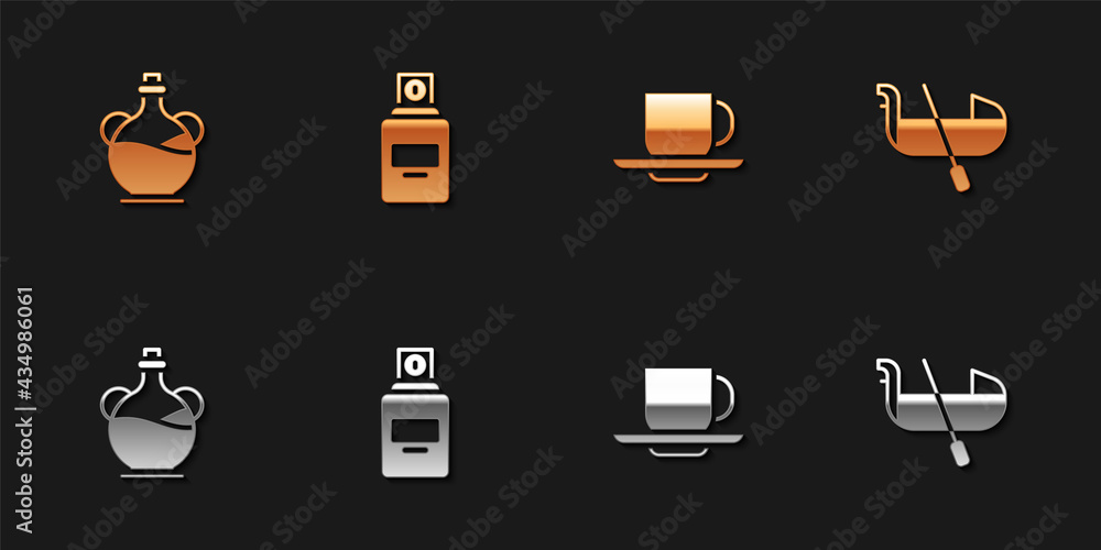 Wall mural set bottle of olive oil, perfume, coffee cup and gondola icon. vector