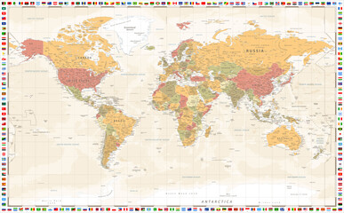 World Map - Warm Vintage Colors. Flags. Vector
