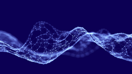 Abstract wave with moving dots and lines. Flow of particles. Cyber technology illustration. 3d rendering