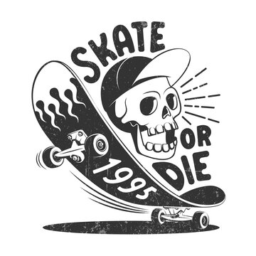 Skate or die retro logo. Skateboard and skull skater t-shirt print. Vector illustration.