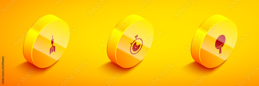 Poster set isometric dart arrow, stopwatch and racket icon. vector