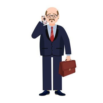 A fat man in a suit is talking on a cell phone. Vector image of a person talking on a mobile phone for animation. Editable strokes. All parts on separate layers with names
