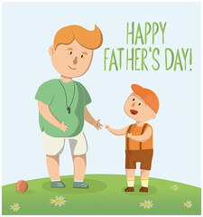 Happy father's day. Little boy playing with dad. Happy family playing ball in the meadow. Vector illustration