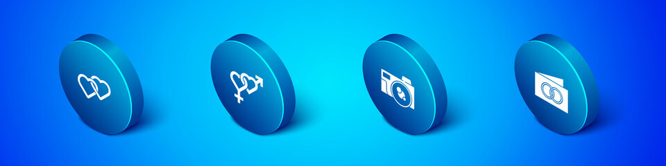 Set Isometric Two Linked Hearts, Photo camera, Greeting card and Gender icon. Vector