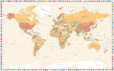 Vector World Map. Vintage. Flags. Countries. Cities. Rivers.