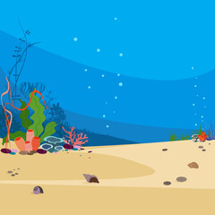 Naklejka na ściany i meble The underwater scene. Beautiful blue water, simple underwater plants, shells and stones. perfect for background. Flat cartoon illustration.