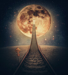 Surreal scene and a railway leading up to the moon. Imaginary night travel on a railroad...