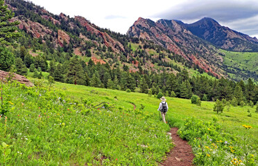Woman hiking on the Goshawk Ridge Trail, Boulder, Colorado