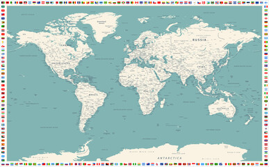 World Map. Light Land on Dark Water. With Flags. Vector Image