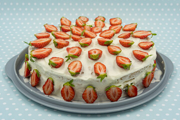 Isolated strawberry cheesecake on white dotted turquoise background decorated with fresh half strawberries.
