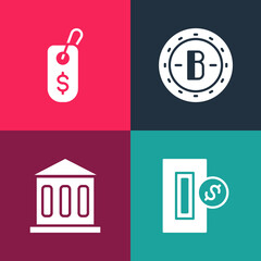 Set pop art Inserting coin, Bank building, Bitcoin and Price tag with dollar icon. Vector