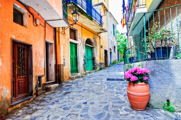 Charming old floral streets of italian villages (towns) with floral pots and narrow passages. 