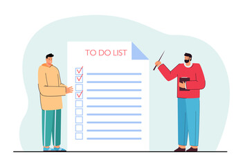 Cartoon teacher and student standing near giant to do list. Flat vector illustration. Man with pointer and young guy checking to do list. Planning, time management, mentoring, education concept