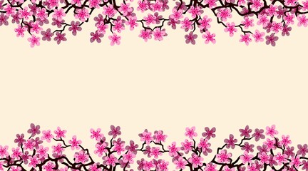 Floral greeting banner with beautiful pink blossom flowers branch Sakura. Pink colors Background with copy space text on Cherry Twig In Bloom. Postcard good for wedding invitation, Mother, Women day