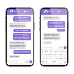Realistic smartphone with messaging app. SMS text frame. Messenger chat screen with violet message bubbles and placeholder text. Social media application. Vector illustration.