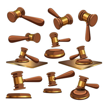 Set with vector illustration of the judge's hammer in different angles, top and side. 3d model of judge's hammers. Isolated