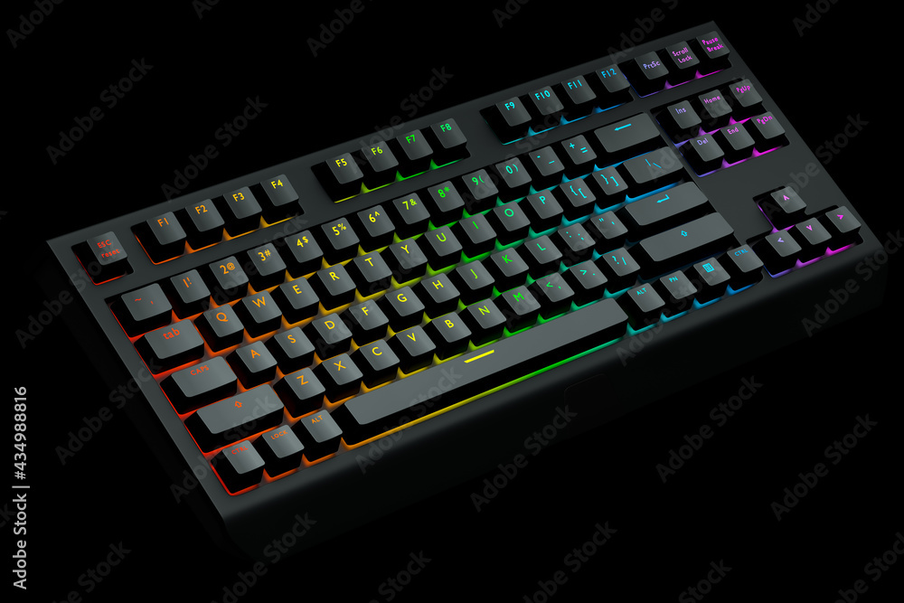 Poster black computer keyboard with rgb colors isolated on black background.