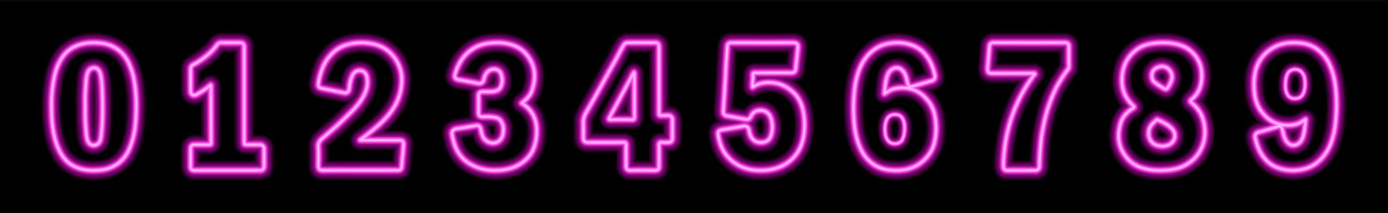 Set of neon pink numbers on black background. Learning numbers, serial number, price, place. Symbol collection. Figures