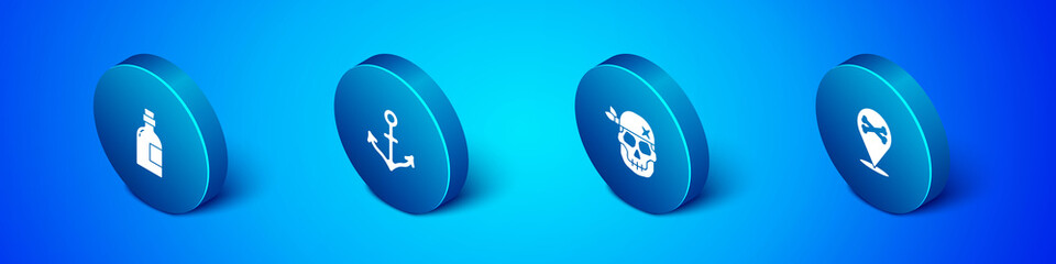 Set Isometric Alcohol drink Rum, Skull, Location pirate and Anchor icon. Vector