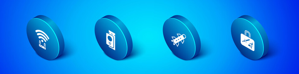 Set Isometric Router and wi-fi signal, Rocket, Suitcase and Passport with ticket icon. Vector