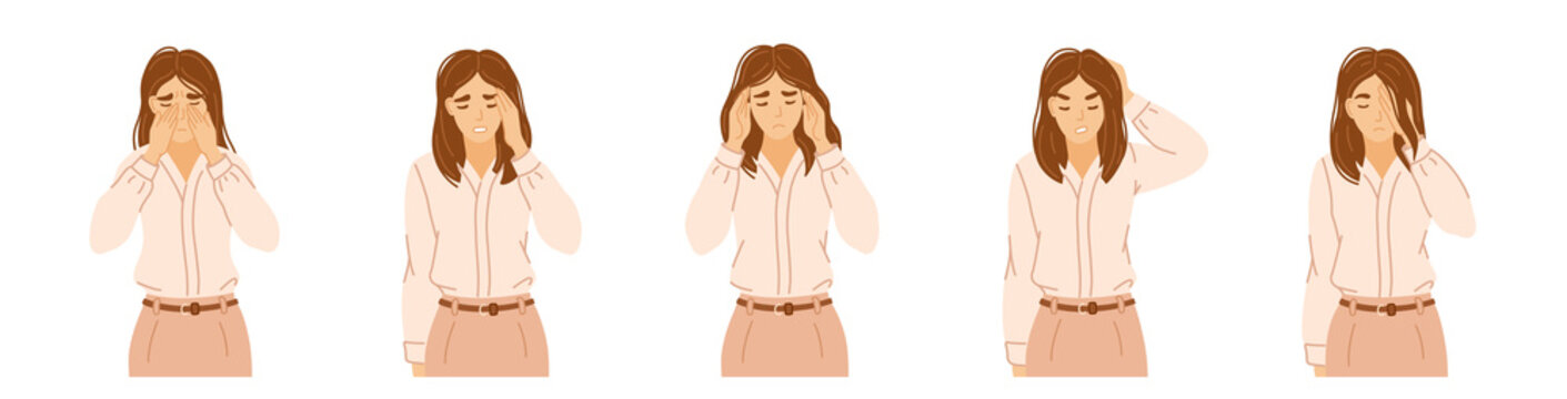 Set of office women suffering from pain, pressing hands to the throbbing areas of her head. Types of headaches. Cluster, sinus, tension and stress, hypertension, chronic migraine, allergy. 
