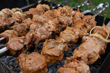 Closeup, appetizing barbecue is prepared on the grill