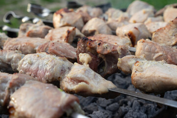 Marinated meat is grilled at home