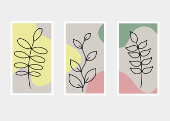 A set of minimal boho wall art. Trendy pictures with plants and abstract organic shapes. Botanical illustration. Design Templates for Social Media Stories - Simple, stylish invitation wallpaper design