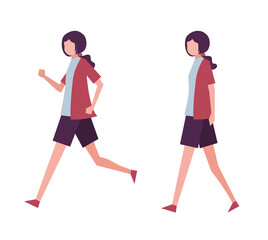 走る女性と歩く女性のセット　人物フラットイラスト