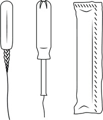 Three tampons: braided, with applicator, and in packaging