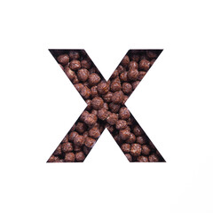 Letter X of alphabet made of bio chocolate cereal balls and paper cut isolated on white. Typeface for healthy food store