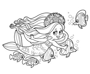 Cute little mermaid girl swimming with a flock of fish nearby outlined for coloring page isolated on white background