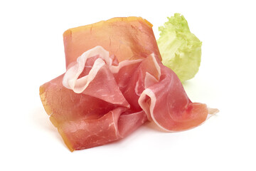 Jerked prosciutto slices, spanish dry-cured ham, isolated on white background. High resolution image.