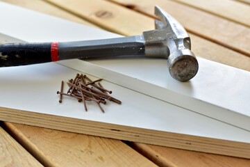 Woodworking construction building tools and supplies for home repairs and projects. Photo concept,...