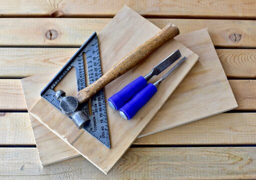 Woodworking construction building tools and supplies for home repairs and projects. Photo concept, lifestyle background. 
