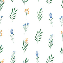 Seamless floral pattern with hand drawn watercolor wild flowers and leaves