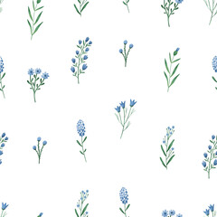 Fototapeta na wymiar Seamless floral pattern with hand drawn watercolor wild flowers and leaves