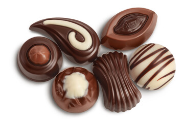 Chocolate candy isolated on white background with clipping path and full depth of field. Top view. Flat lay.