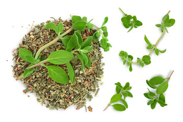 Oregano or marjoram leaves fresh and dry isolated on white background with clipping path. Top view....