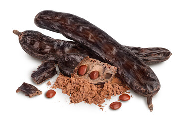 Carob pod and powder isolated on white background with clipping path and full depth of field.