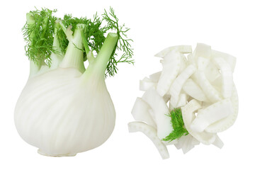fresh fennel bulb with slices isolated on white background . Top view. Flat lay
