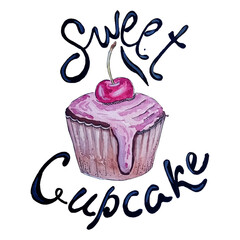 Hand painted watercolor cupcake with cherry